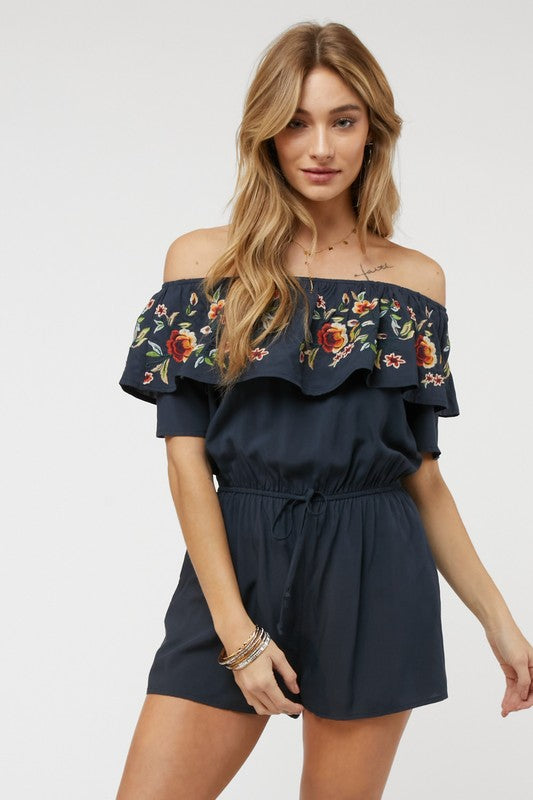 Floral Embroidered Off Shoulder Romper - Scarvesnthangs