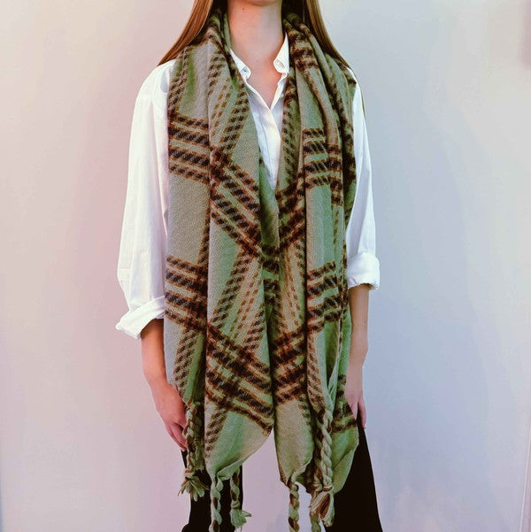 Braided Fringe Plaid Scarf