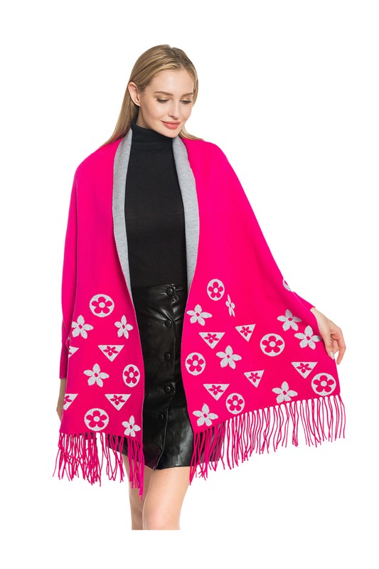 Geometric Pattern Sleeve Shrug with Fringe