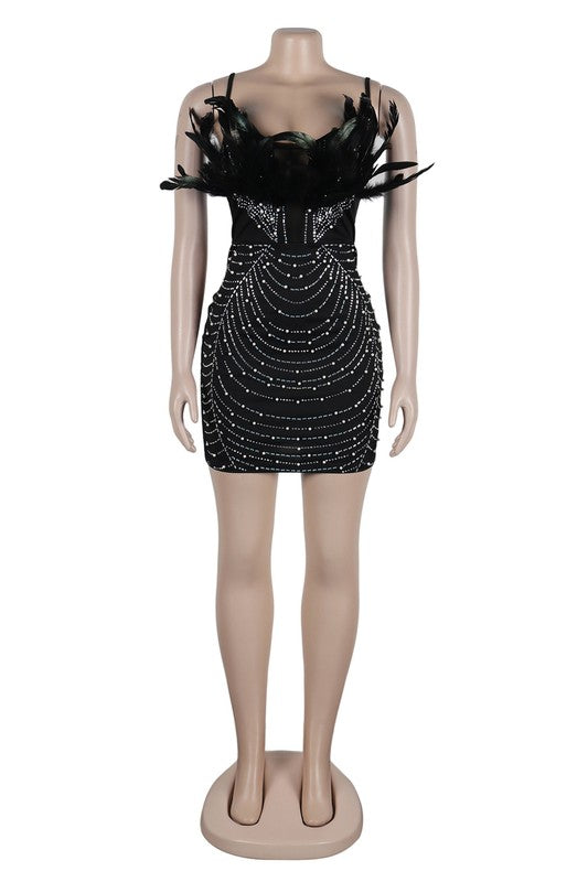 Feather Rhinestone Body Con Minidress