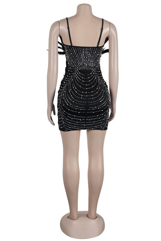 Feather Rhinestone Body Con Minidress