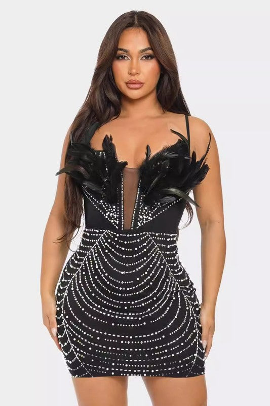 Feather Rhinestone Body Con Minidress