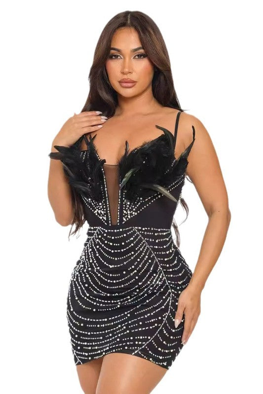 Feather Rhinestone Body Con Minidress