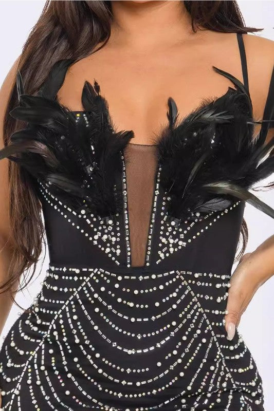 Feather Rhinestone Body Con Minidress