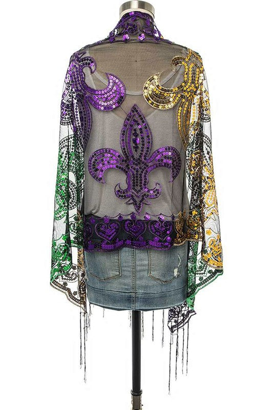 Mardi Gras Color Fleur De Lis Sequins Shawl Scarf