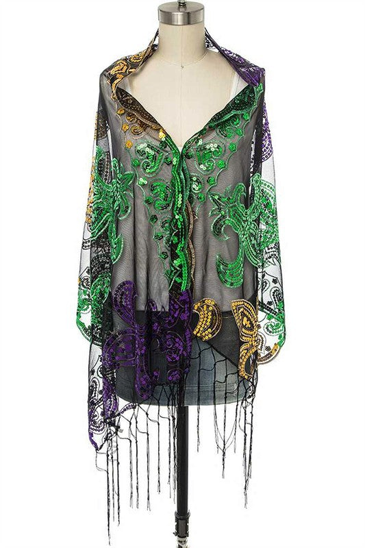 Mardi Gras Color Fleur De Lis Sequins Shawl Scarf