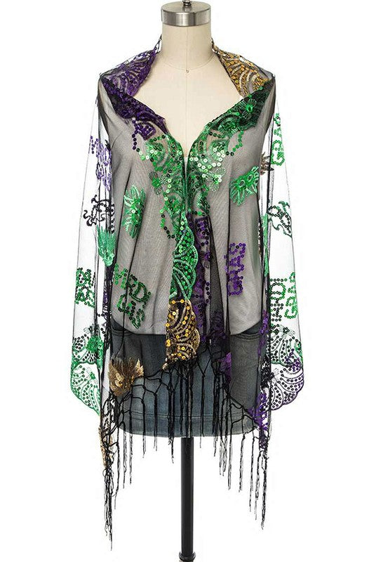 Mardi Gras Color Fleur De Lis Sequins Shawl Scarf