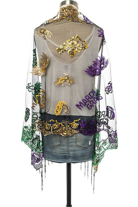 Mardi Gras Color Fleur De Lis Sequins Shawl Scarf