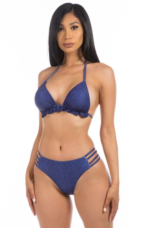 Ruched Denim Two Piece Bikini - Scarvesnthangs