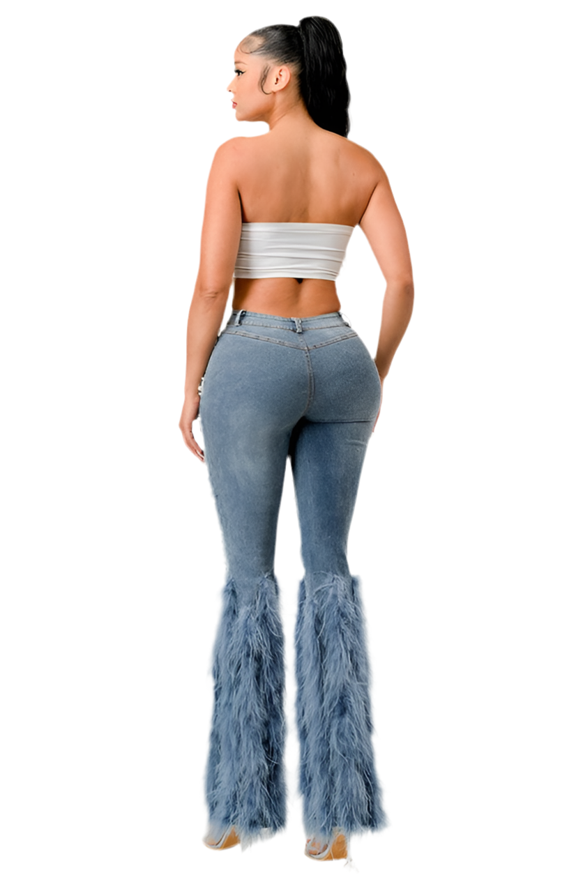 Distressed Pearl Embellished Feather Jeans