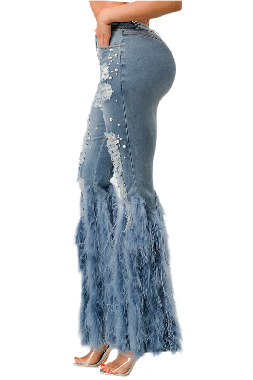 Distressed Pearl Embellished Feather Jeans