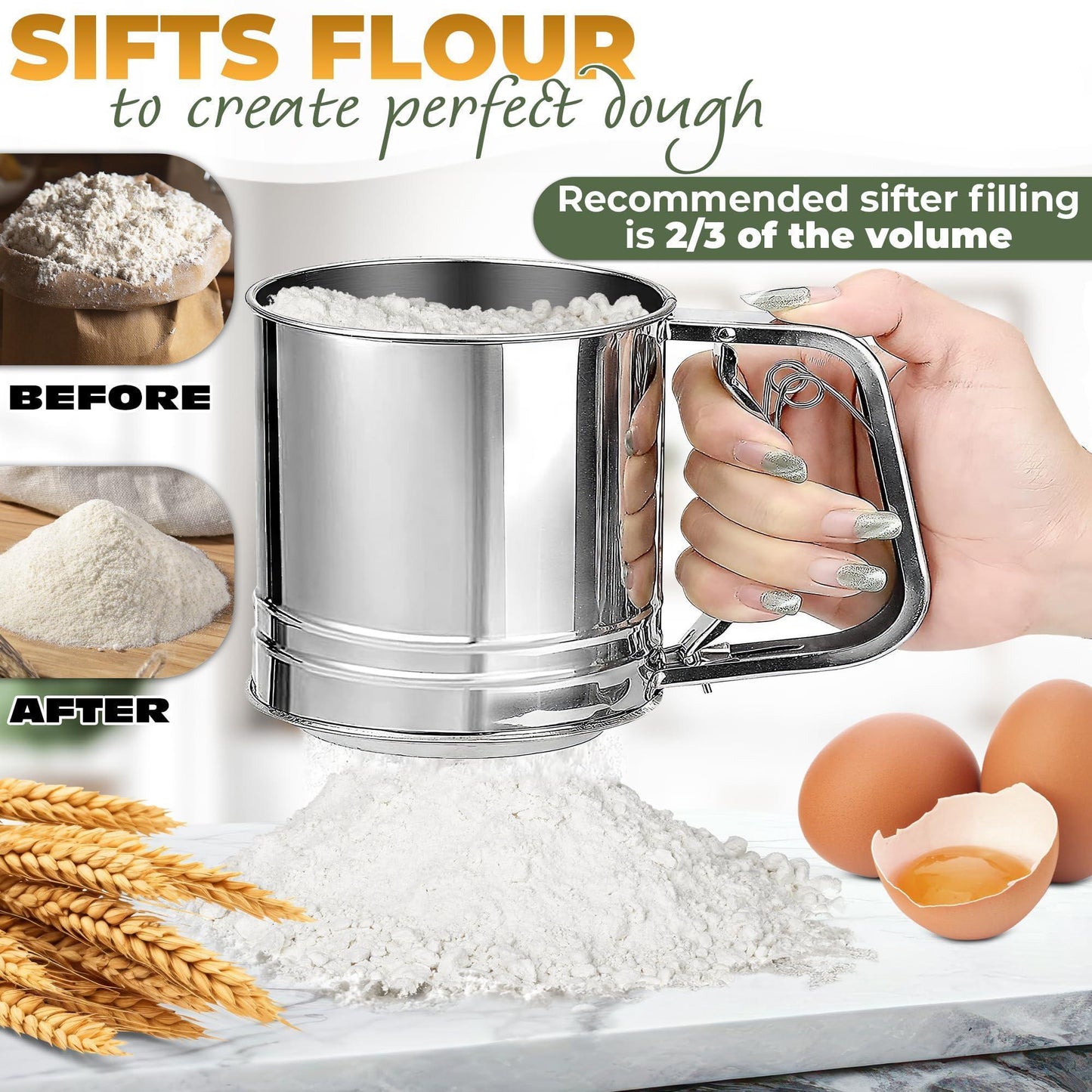 5 Cup Flour Sifter for Baking – Large Capacity Flour Sifter Stainless Steel (5.1  x 5.1 ) with Double Mesh – One Hand Operation Designed for Quick & Easy Sifting