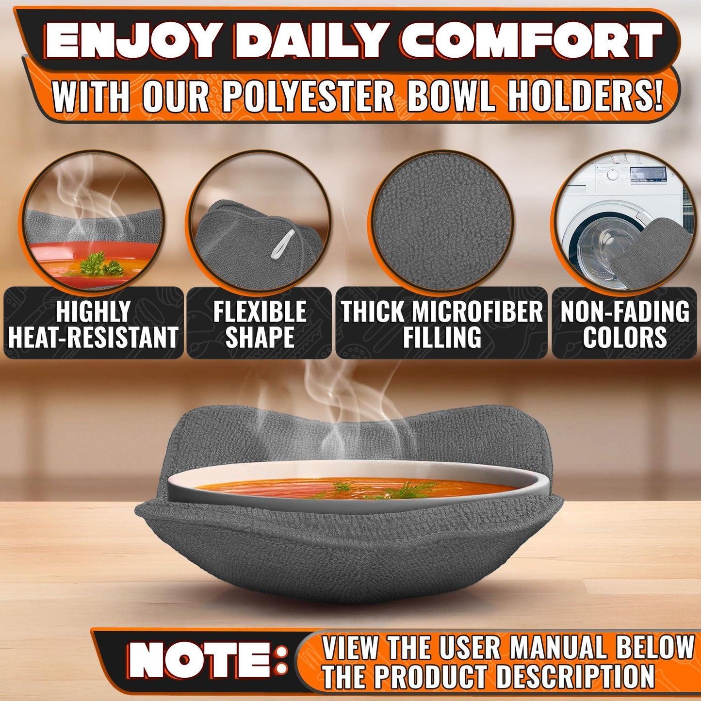 4 Pcs Microwave Bowl Holders for Hot Food – 7.5  Gray Microwave Bowl Cozy Holders for Safe & Easy Handling of Hot Bowls Saucers & Cups – Machine Washable Soft Textured Fabric for Hand Protection