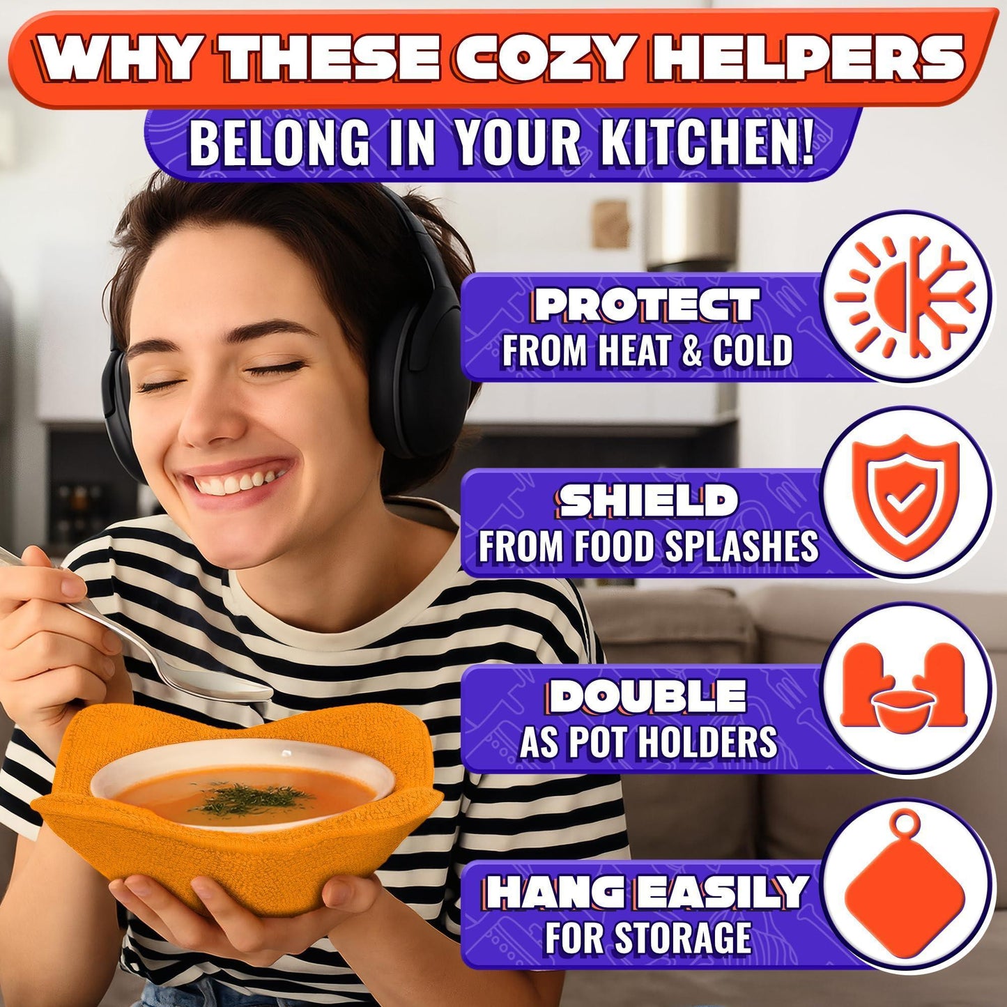 Microwave Bowl Holder Set of 5 – Five Color Pack Microwave Bowl Holders for Hot Food (7.5 x7.5 ) – Heat Resistant Fabric for Bowls Cups Saucers Machine Washable