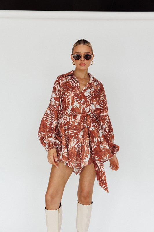 Leaves Print Puff Sleeved Romper - Scarvesnthangs