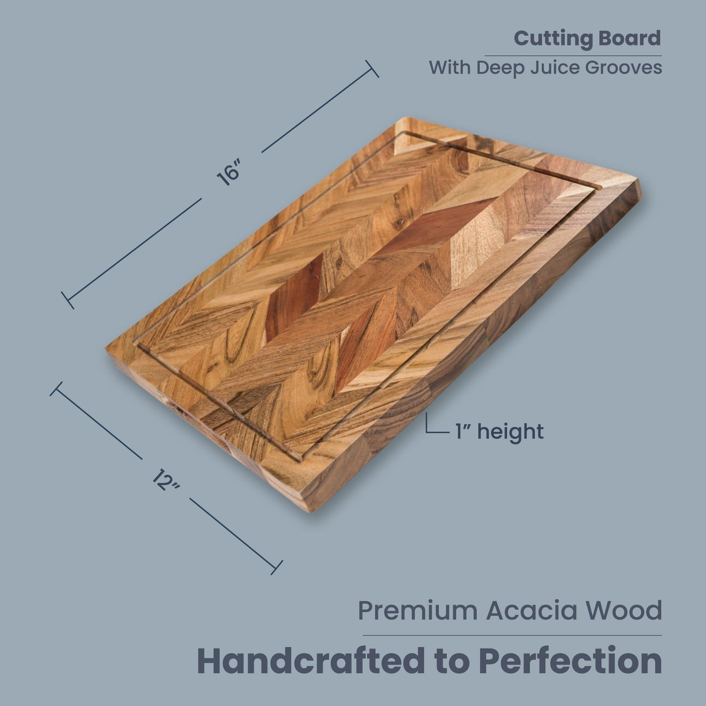 The Fine Living Co. Large Cutting Board Acacia Wood Meat Chopping Board Butcher Block with Juice Groove Chevron Chequered Style 1  Thick & Food grade Serving Board 16 x12