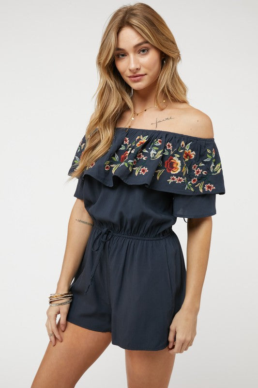 Floral Embroidered Off Shoulder Romper - Scarvesnthangs