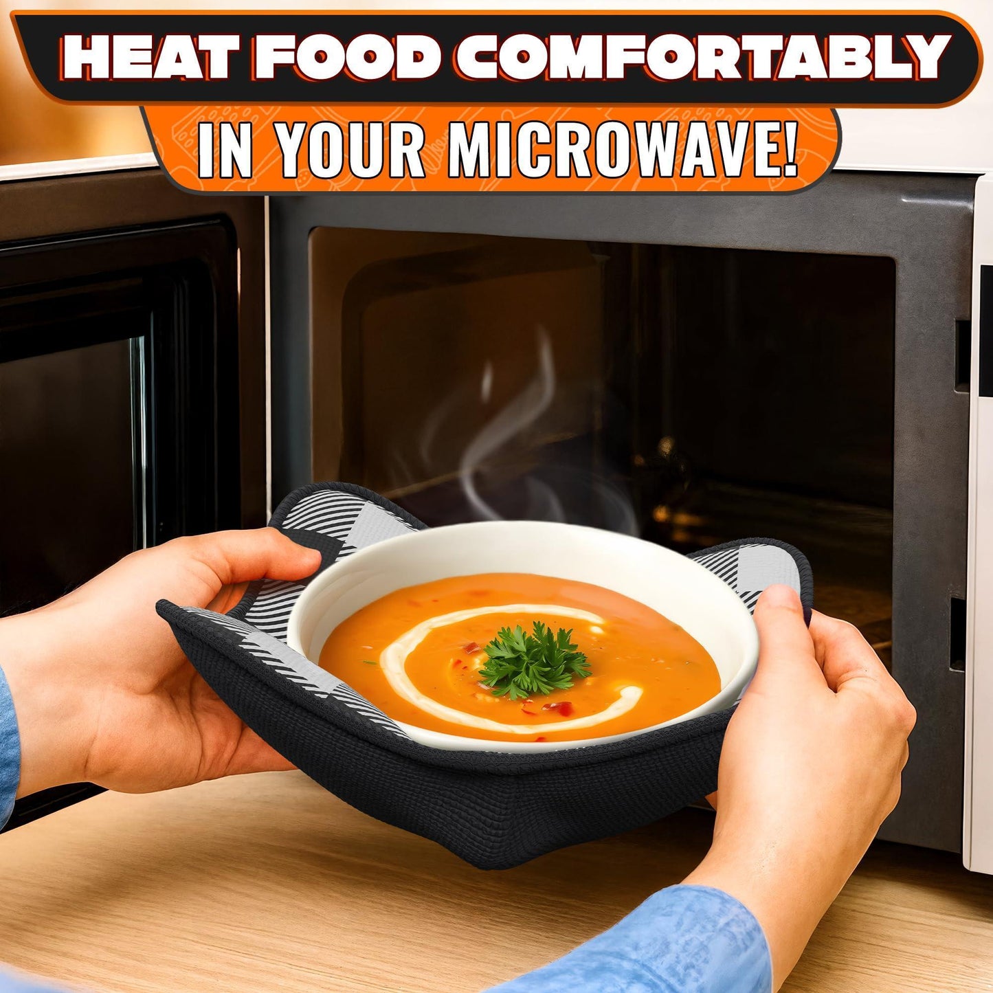 4 Piece Microwave Bowl Holder Set – 7.5 x7.5  Microwave Bowl Holders for Hot Food Black and White Checkered Fabric for Safe & Easy Handling – Machine Washable