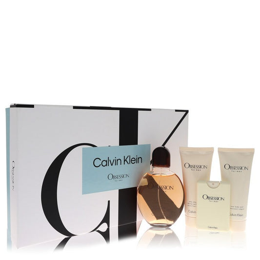 Obsession by Calvin Klein Gift Set -- 4.2 oz Eau De Toilette Spray + .67 oz Mini EDT Spray + 3.4 oz After Shave Balm + 3.4 oz Body Wash (Men)