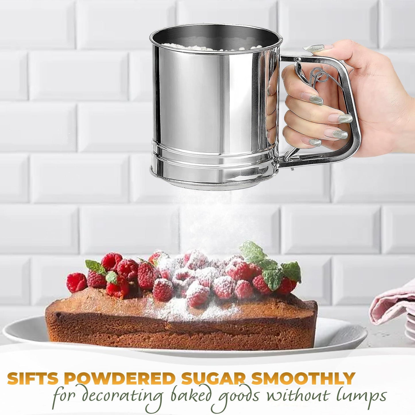 5 Cup Flour Sifter for Baking – Large Capacity Flour Sifter Stainless Steel (5.1  x 5.1 ) with Double Mesh – One Hand Operation Designed for Quick & Easy Sifting