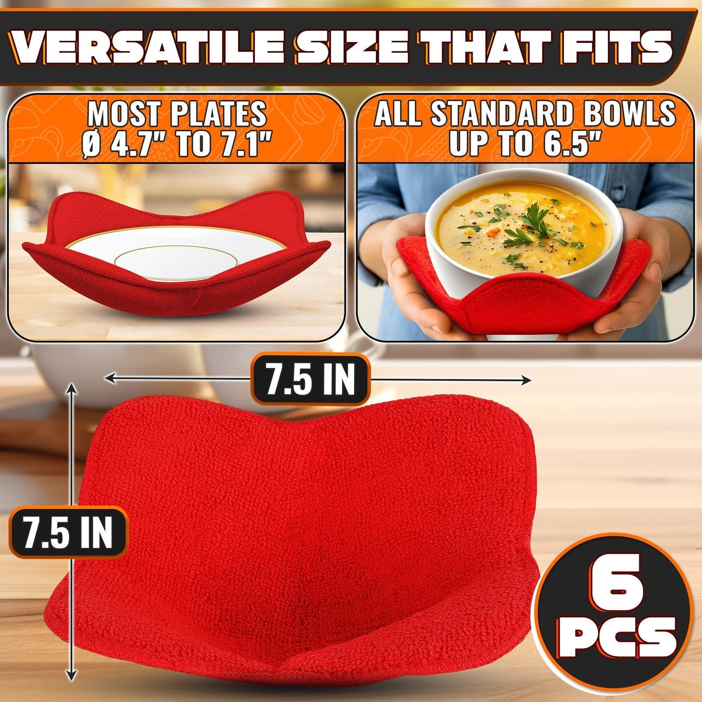 6 Pcs Soup Bowl Holders for Hot Food – Heat Resistant Fabric Soup Cozy Bowl Warmer Holder for Kitchen Fits Standard Dishes up to 6.5  & Plates 7.1  – Washable & Reusable  Safe Handling & Trivet Use