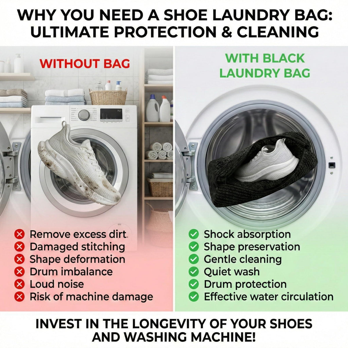 Shoe Washing Machine Bag 2 Pack for Washer & Dryer – Thick Padded Sneaker Laundry Bags with Mesh Panels & Zipper Protective Shoe Washer Bag for Running & Gym Shoes