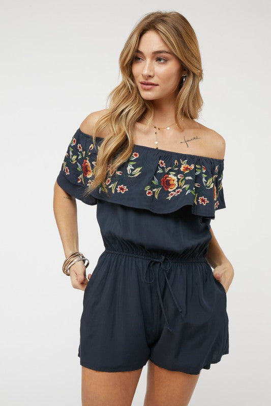 Floral Embroidered Off Shoulder Romper - Scarvesnthangs