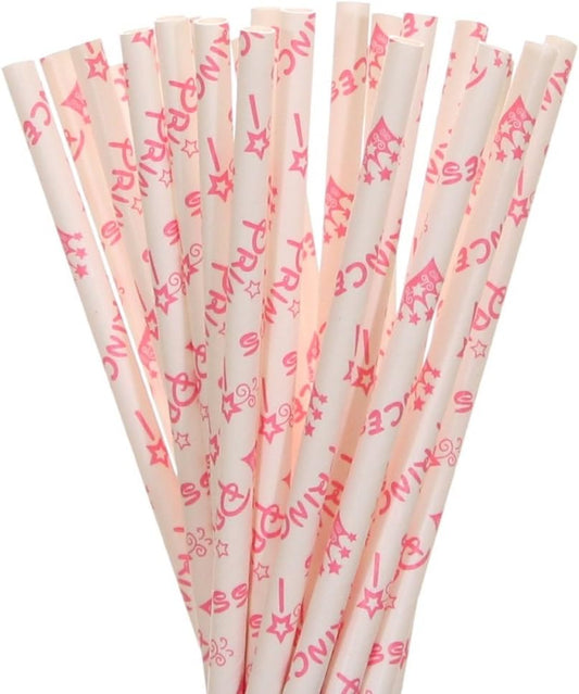 White paper straws with pink text and star patterns on a white background