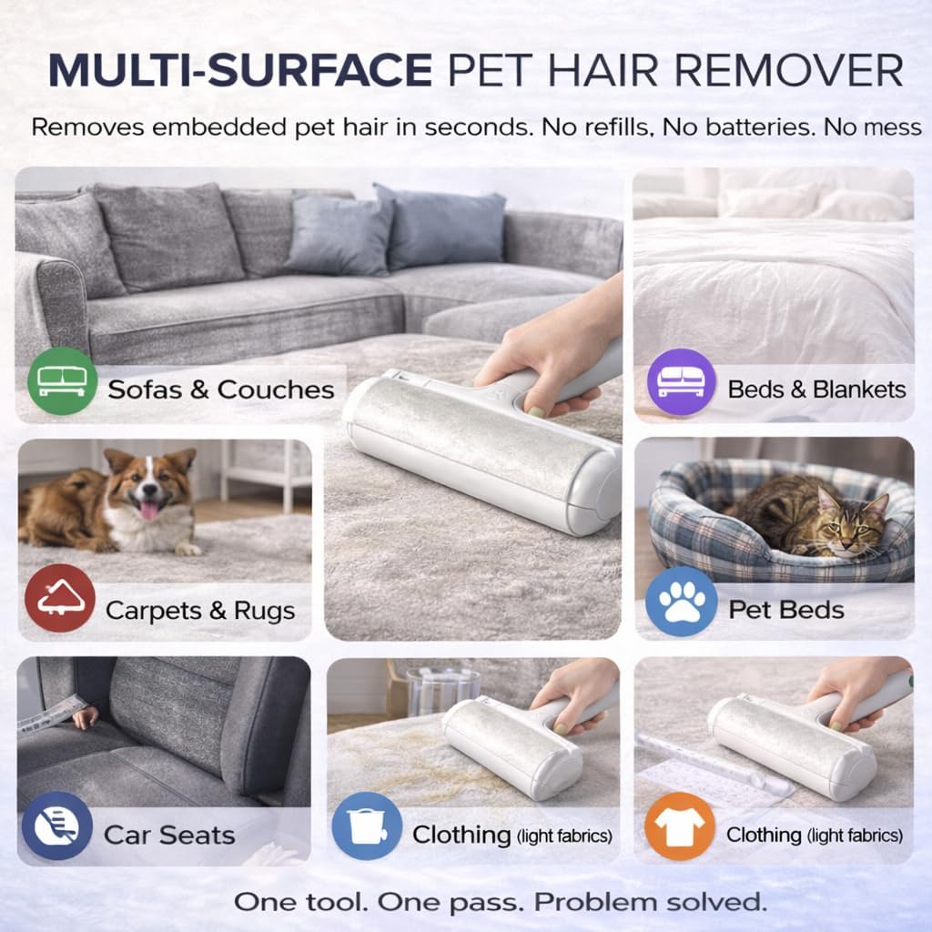 Reusable Pet Hair Remover Roller – Self-Cleaning Dog & Cat Hair Remover for Furniture, Carpets & Car Seats
