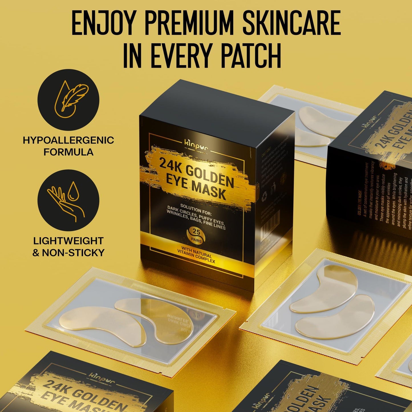 24K Gold Under Eye Patches for Puffy Eyes and Dark Circles – Retinol Collagen Eye Masks for Women & Men – Hydrating AntiAging Brightening Eye Gel Pads – Dark Circle & Bags Eye Care 50 pcs