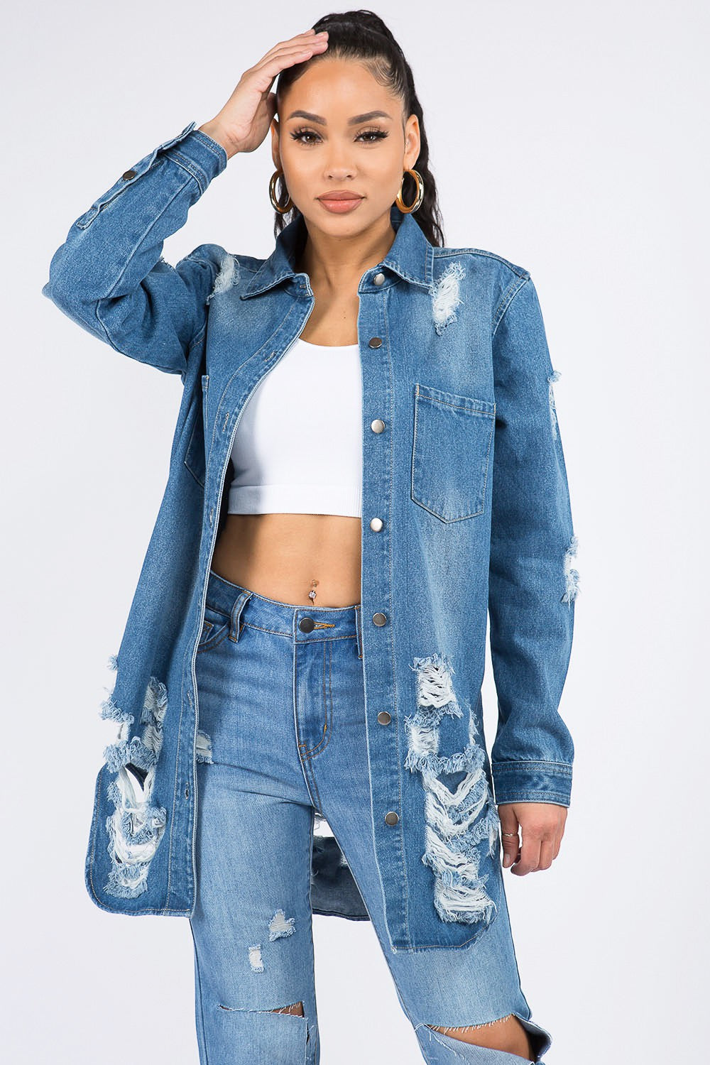 Scarvesnthangs Distressed Button Down Denim Shirt Jacket