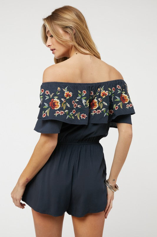 Floral Embroidered Off Shoulder Romper - Scarvesnthangs