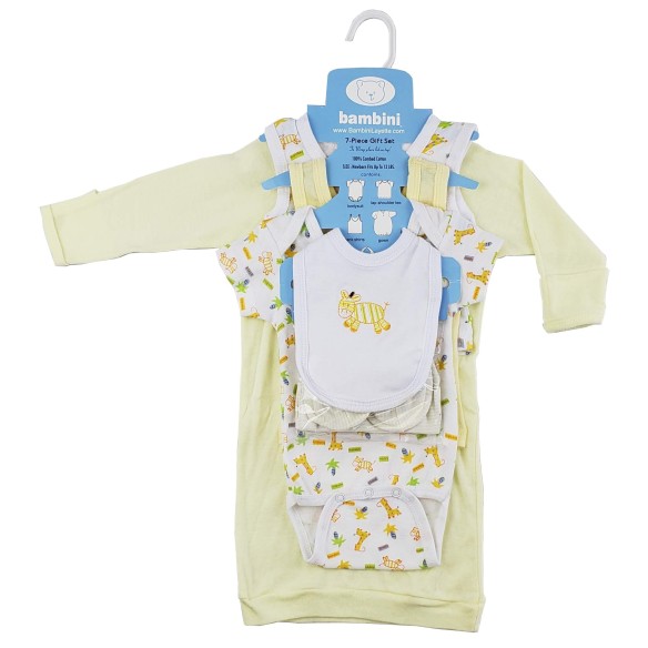 Baby clothing set with bib, pants, and hat on a hanger against a white background