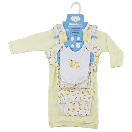 Baby clothing set with bib, pants, and hat on a hanger against a white background
