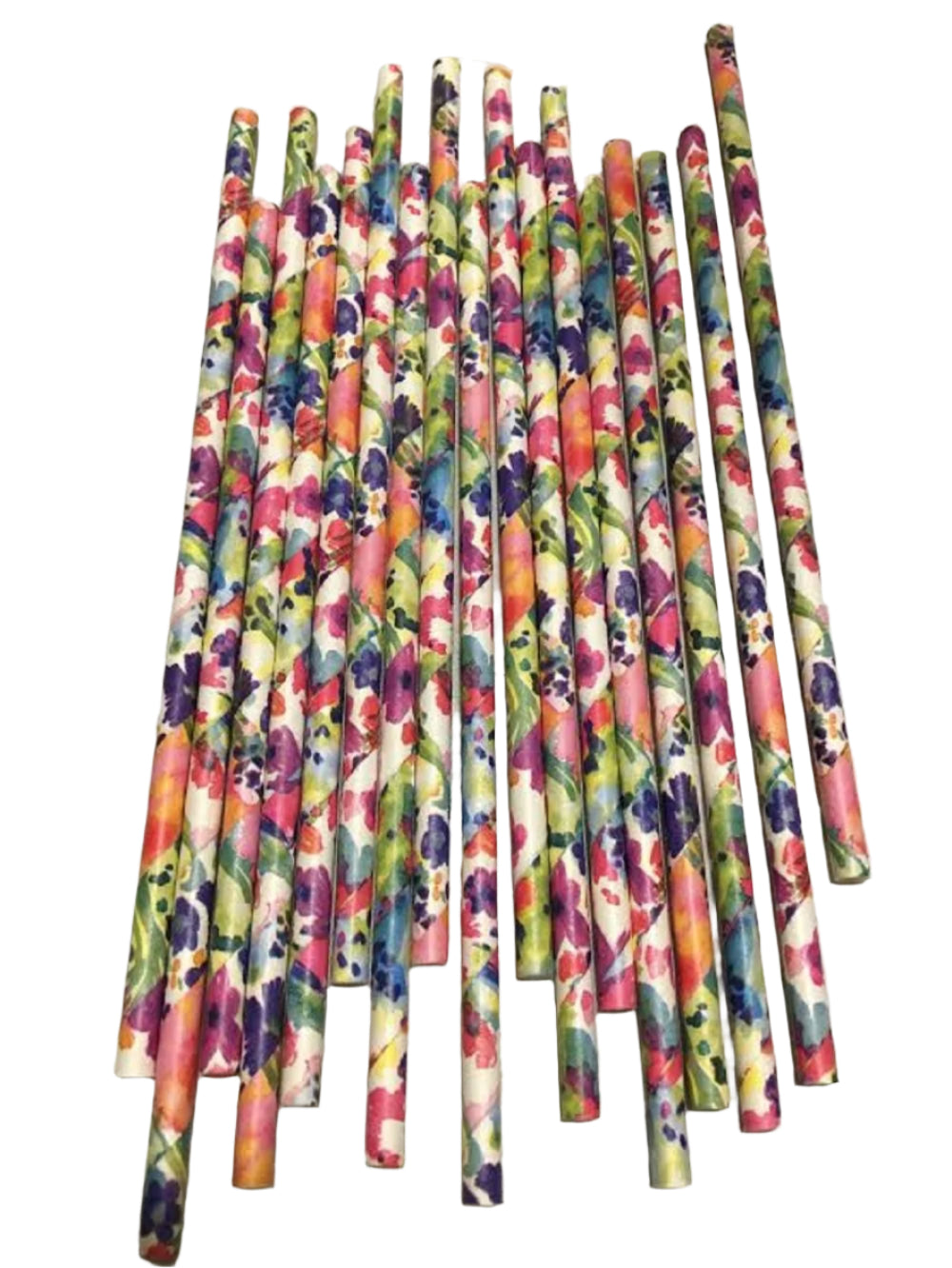 Colorful floral-patterned straws on a gray surface