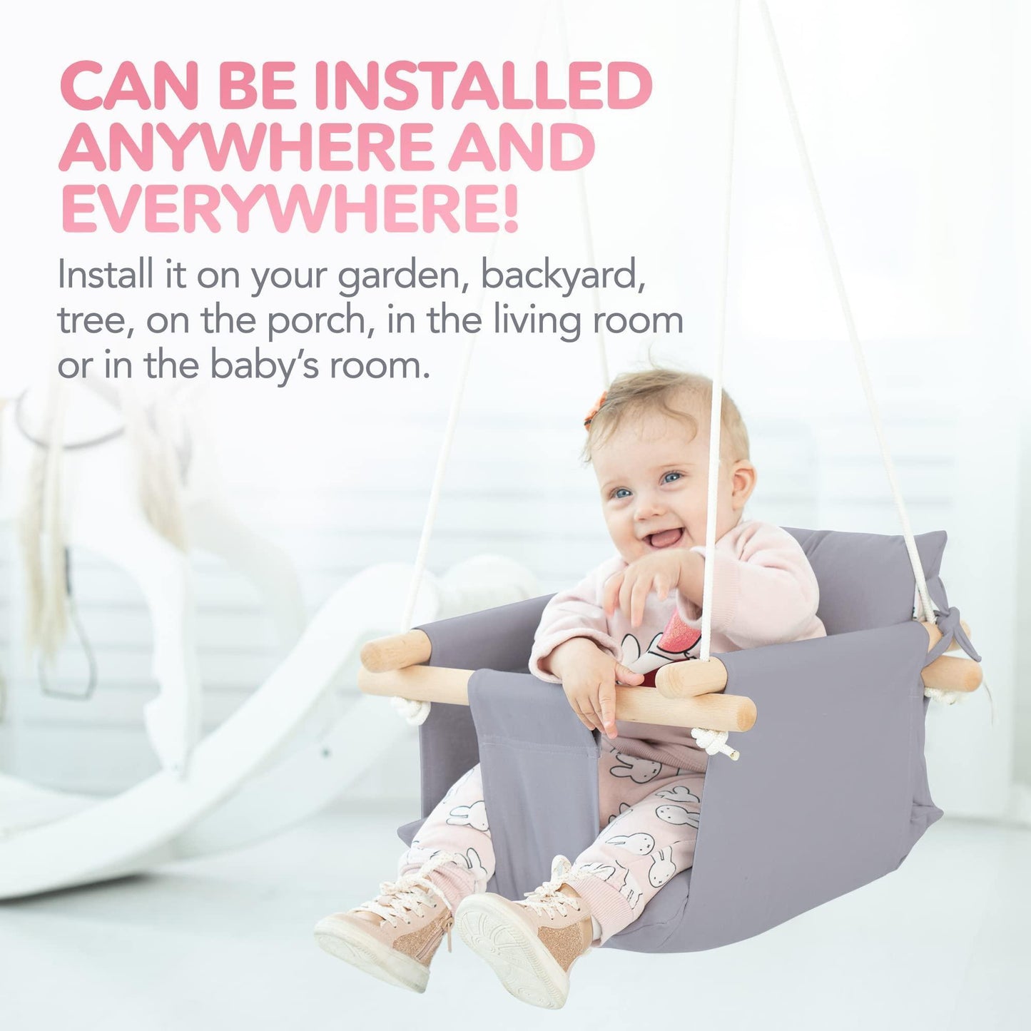 Canvas Baby Swing Wooden Hanging Swing Seat Chair with Safety Belt Durable Baby Swing Chair Outdoor and Indoor Swing for Kids Mounting Hardware Included Taupe Gray