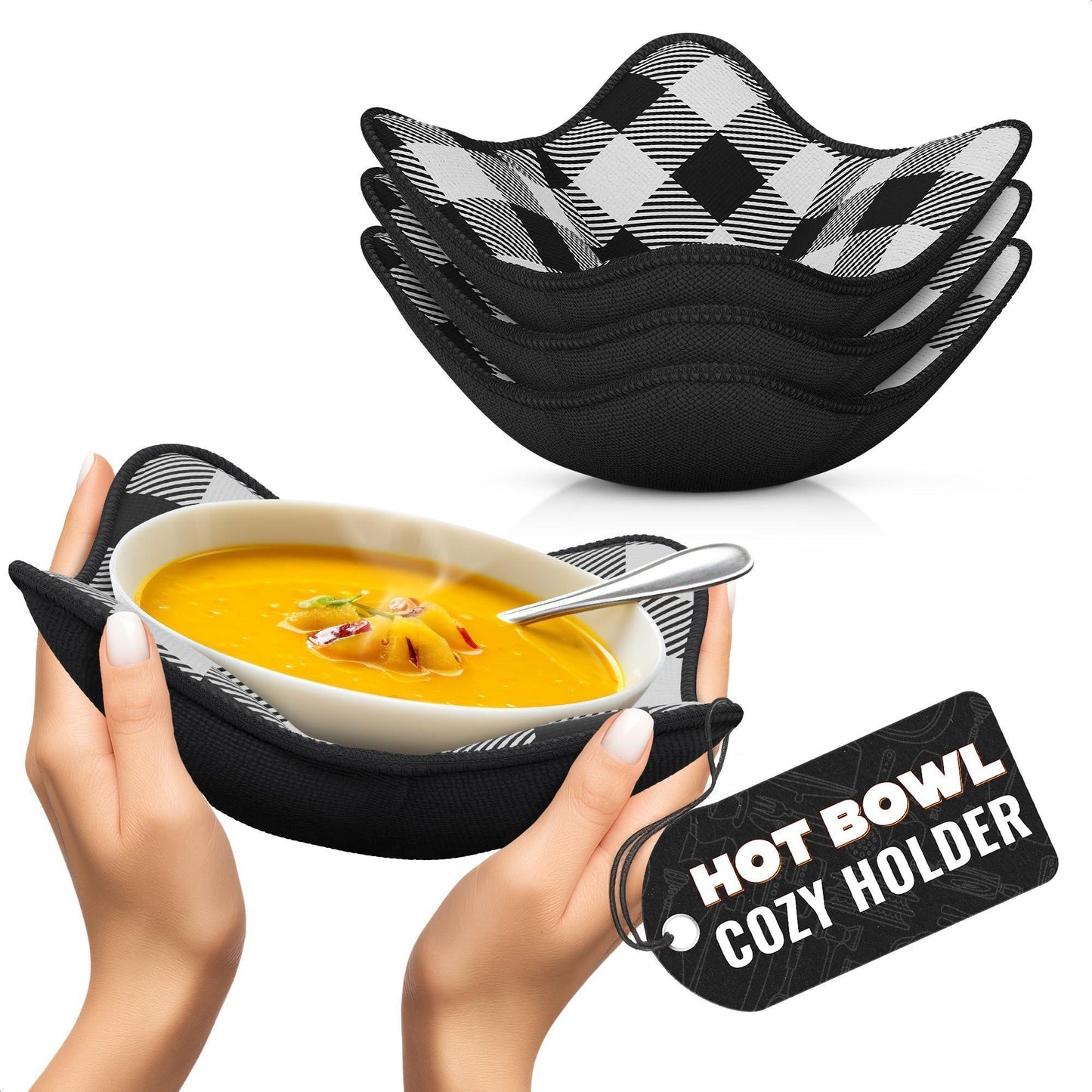 4 Piece Microwave Bowl Holder Set – 7.5 x7.5  Microwave Bowl Holders for Hot Food Black and White Checkered Fabric for Safe & Easy Handling – Machine Washable