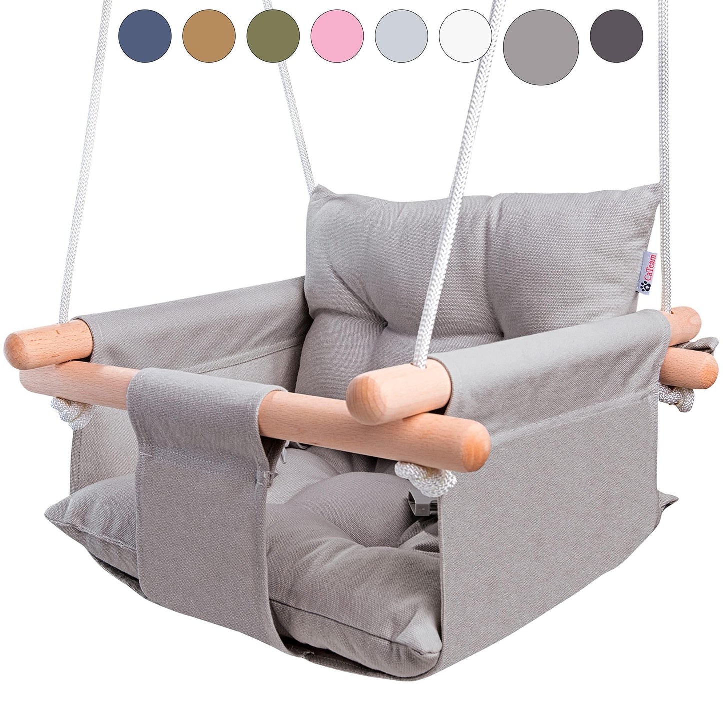 Canvas Baby Swing Wooden Hanging Swing Seat Chair with Safety Belt Durable Baby Swing Chair Outdoor and Indoor Swing for Kids Mounting Hardware Included Taupe Gray