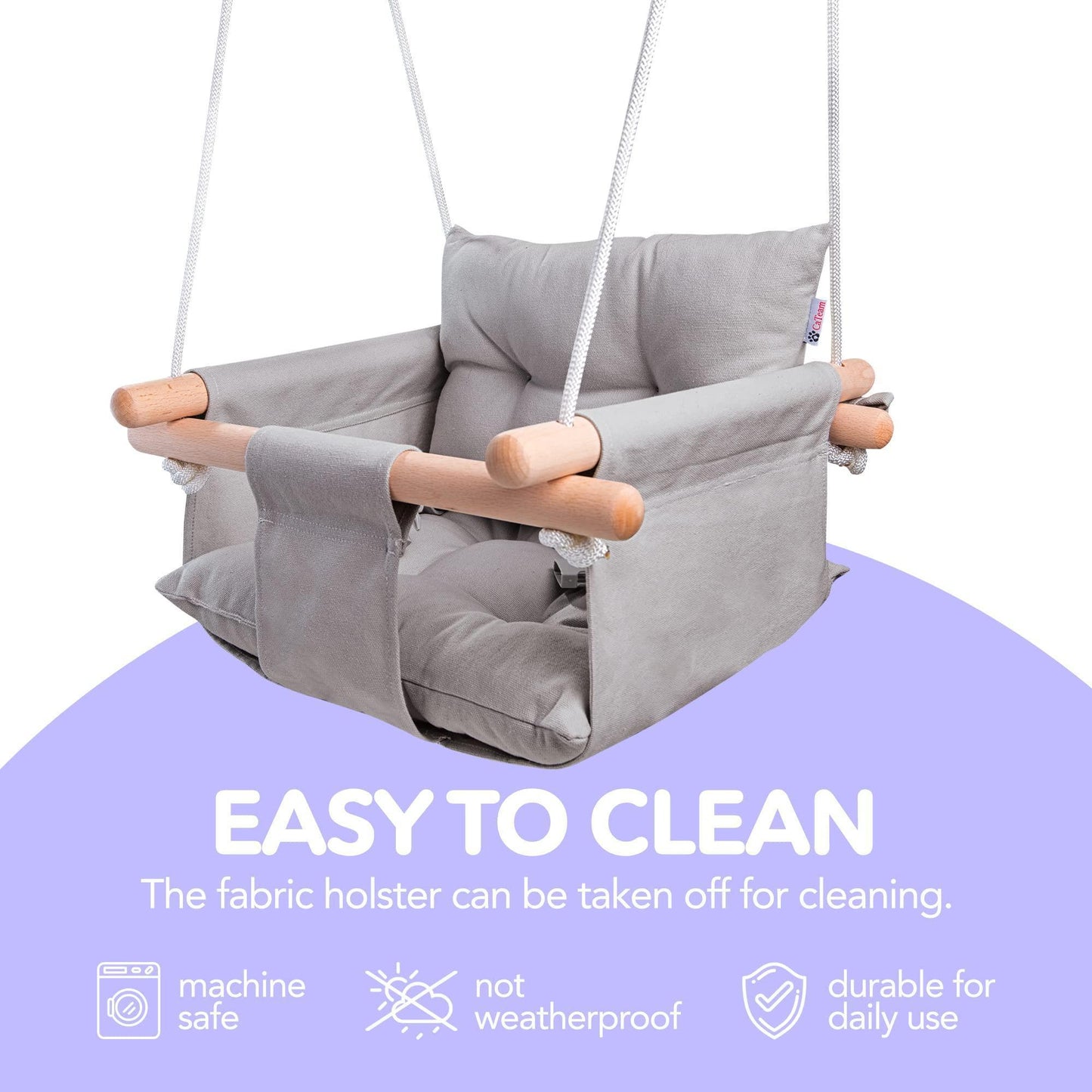 Canvas Baby Swing Wooden Hanging Swing Seat Chair with Safety Belt Durable Baby Swing Chair Outdoor and Indoor Swing for Kids Mounting Hardware Included Taupe Gray