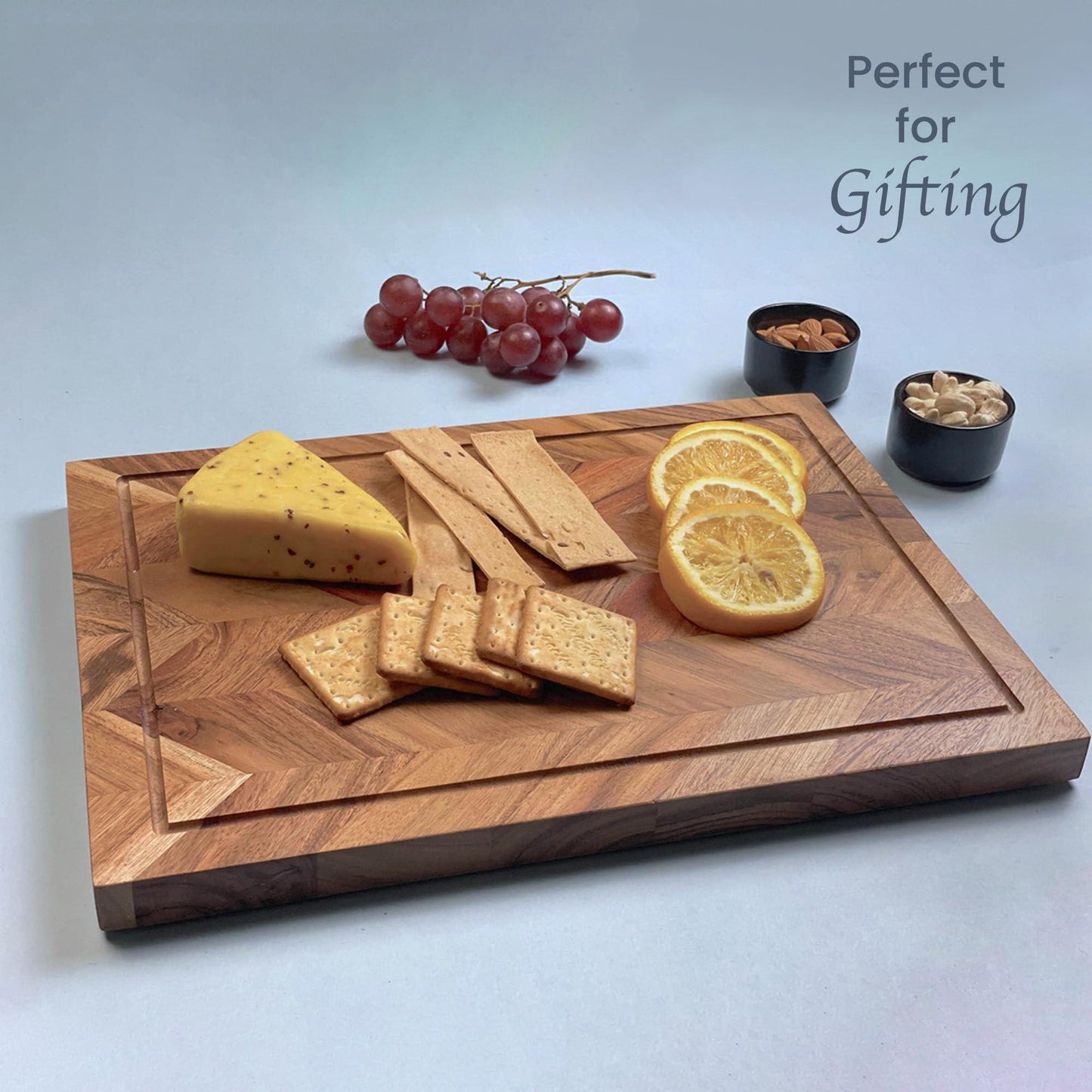 The Fine Living Co. Large Cutting Board Acacia Wood Meat Chopping Board Butcher Block with Juice Groove Chevron Chequered Style 1  Thick & Food grade Serving Board 16 x12