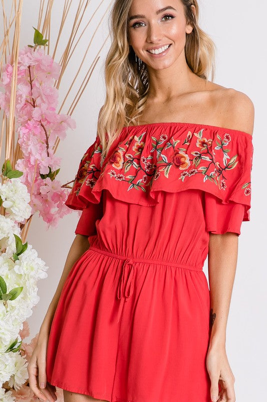 Floral Embroidered Off Shoulder Romper - Scarvesnthangs