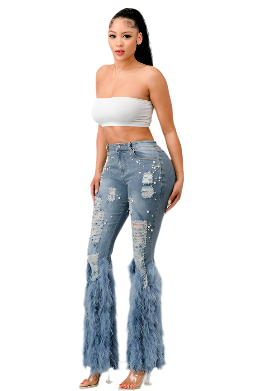 Distressed Pearl Embellished Feather Jeans