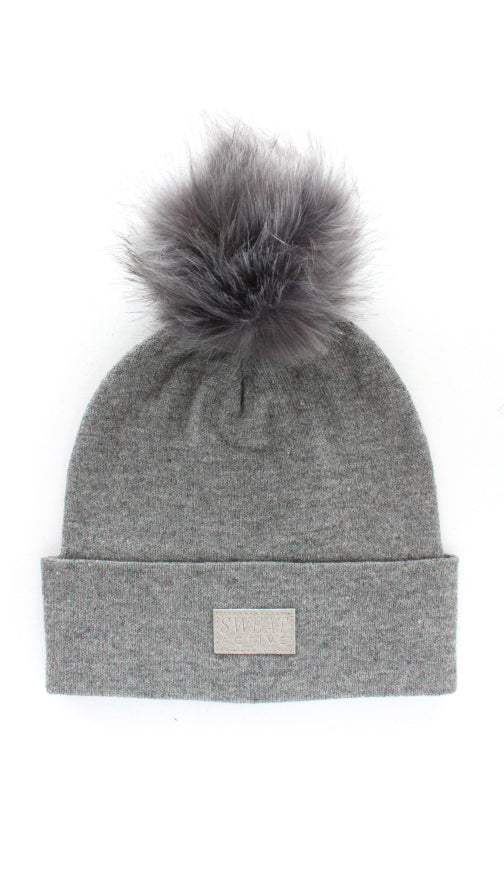 Fur Pom Beanie Hat - Heather-0