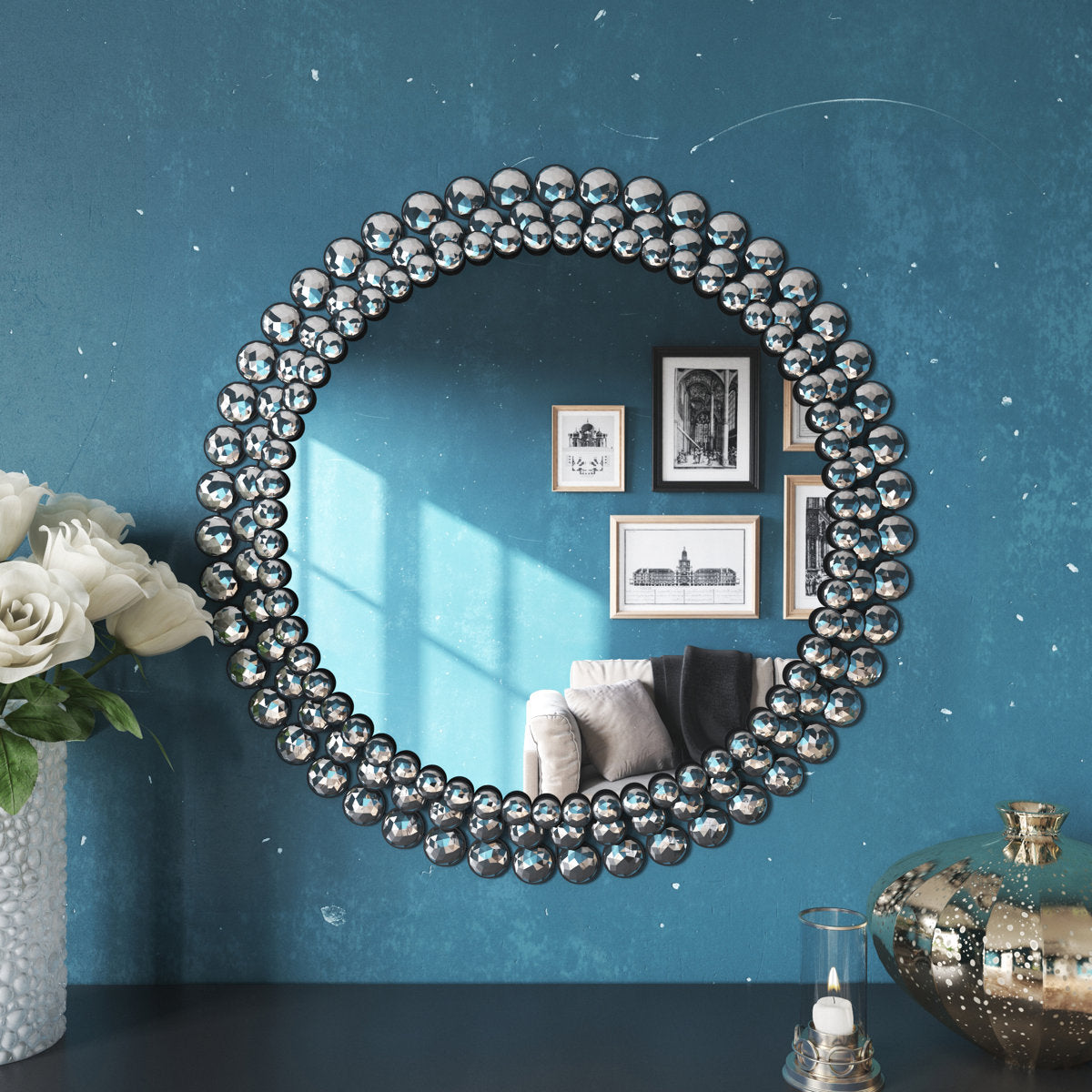 Round Beaded Wall Glam Mirror