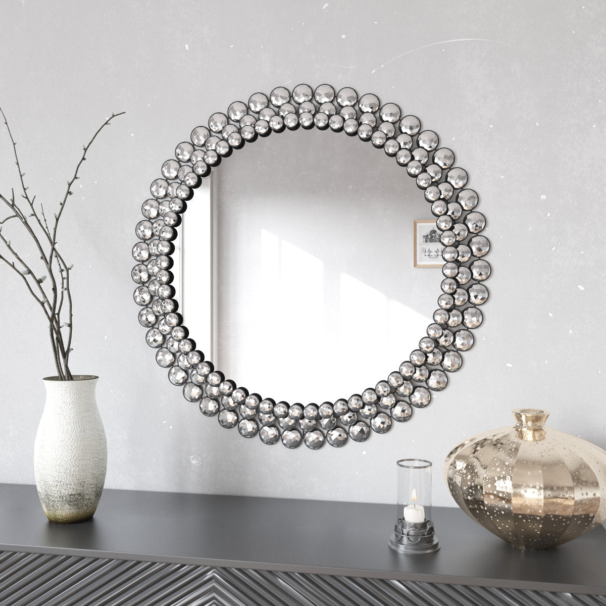 Round Beaded Wall Glam Mirror