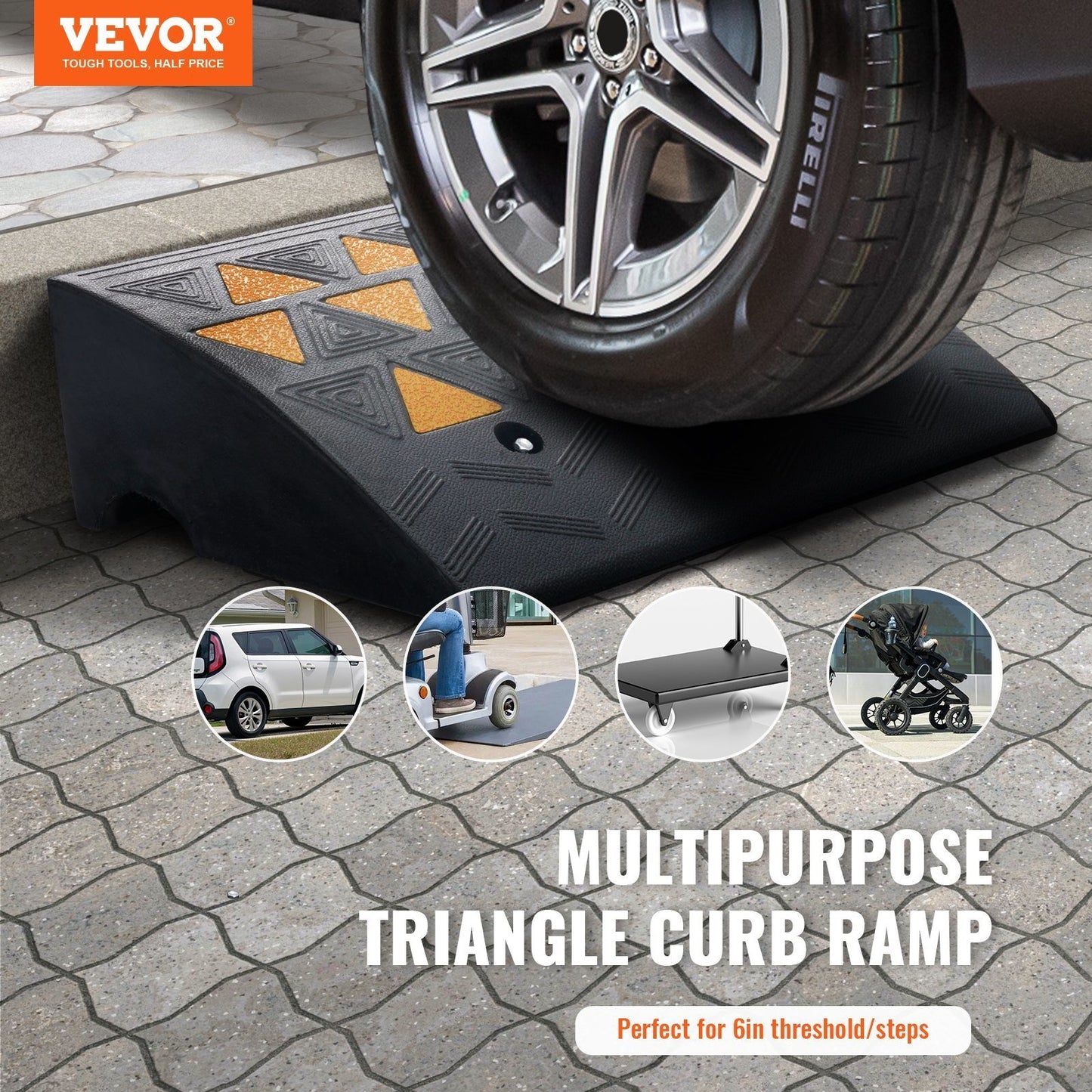 VEVOR Rubber Curb Ramp 2 Pack, 6" Rise Height Heavy-Duty 33069 lbs/15 T Capacity Threshold Ramps, Driveway Ramps with Stable Grid Structure for Cars, Wheelchairs, Bikes, Motorcycles