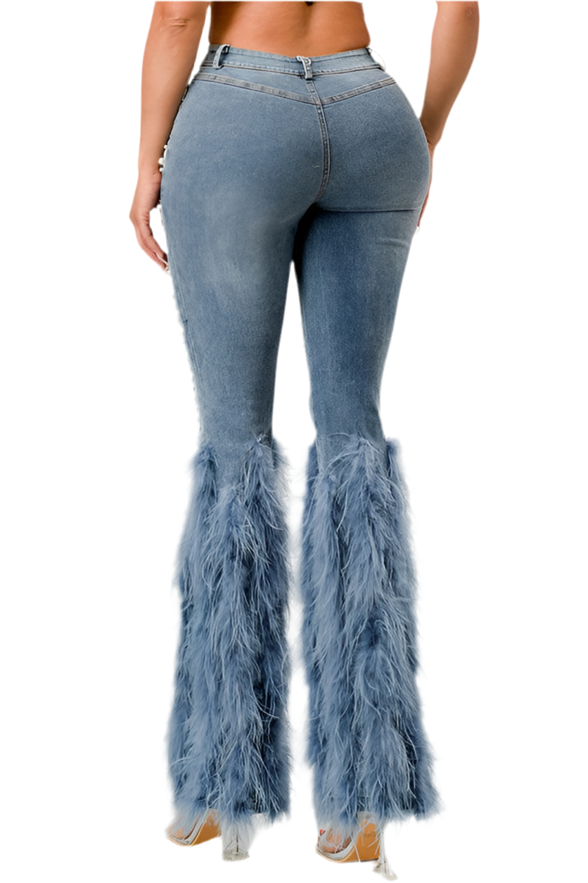 Distressed Pearl Embellished Feather Jeans