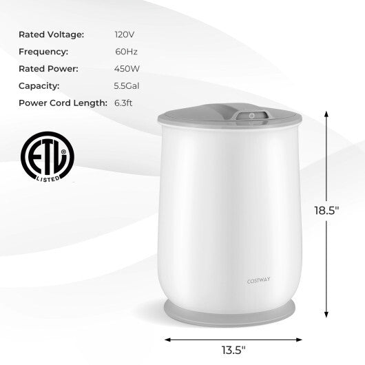 White electric kettle with ETL listed logo, specifications, and dimensions on a white background