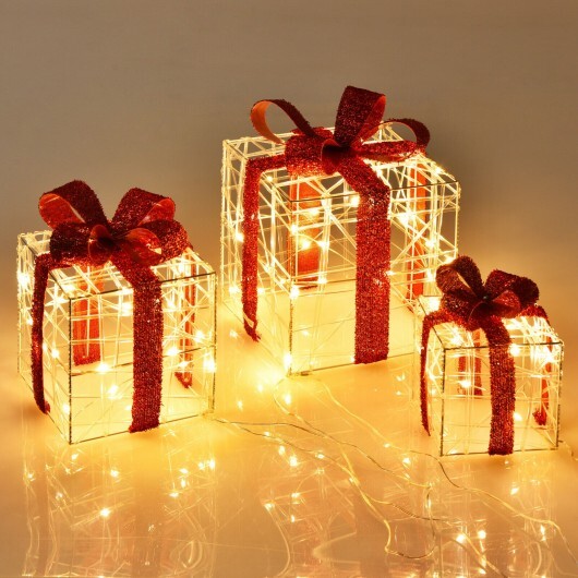 3 Pieces Christmas Lighted Gift Boxes Decorations with 60 LED Lights for Indoor and Outdoor