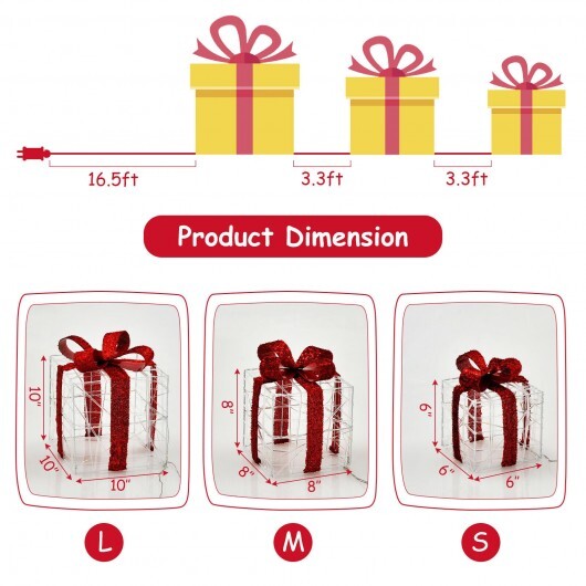 3 Pieces Christmas Lighted Gift Boxes Decorations with 60 LED Lights for Indoor and Outdoor